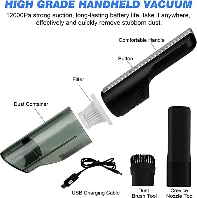 Cordless Handheld Vacuum Cleaner,12000Pa Powerful Compact Lightweight Rechargeable Mini Hand Vacuum Cleaner 4000 mAh Lithium Battery Home, Car, Dust Cleaning and Pet Hair (Grey-AE)