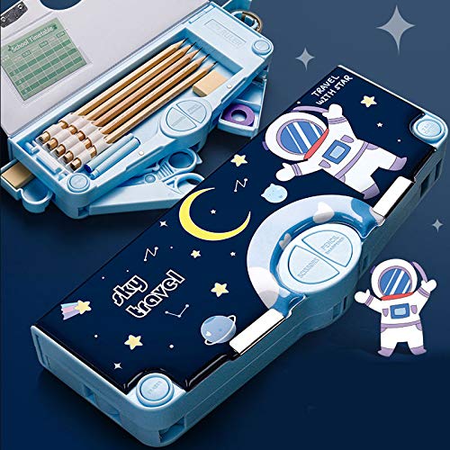 Multifunction Pencil Case, Pencil Box with 2 Compartments for Students - Cartoon Pattern Stationery Set with Pop Out Scissors and Pencil Sharpener