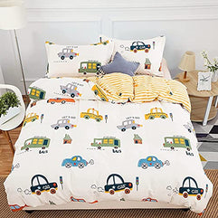 Cars Kids Duvet Cover Set Full Size, 3 Pieces 100% Cotton Kids Bedding Set for Boys Girls, Reversible Yellow Stripes Comforter Cover Set (1 Duvet Cover+2 Pillowcases)