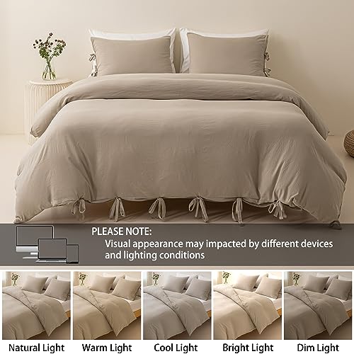 MUKKA Cream Duvet Cover Set Queen Size Beige Boho Chic, 3 Pieces Tan Khaki Farmhouse Bowknot Duvets, Sand Soft & Easy Care Washed Microfiber Bohemian Bedding Covers with Ties