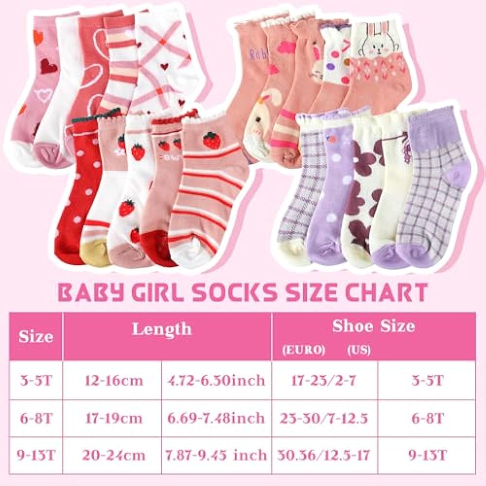 Bencailor 20 Pairs Cartoon Pattern Crew Socks Princess Patterns Ruffle Crew Socks Cotton Cute Socks for Kids Girls