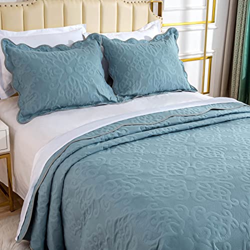 Oversized King Bedspreads 128x120 for Extra Tall King/California King Bed Lightweight Quilted Coverlet Set 3 Pieces 1 Quilt 2 Pillow Shams Spa Blue