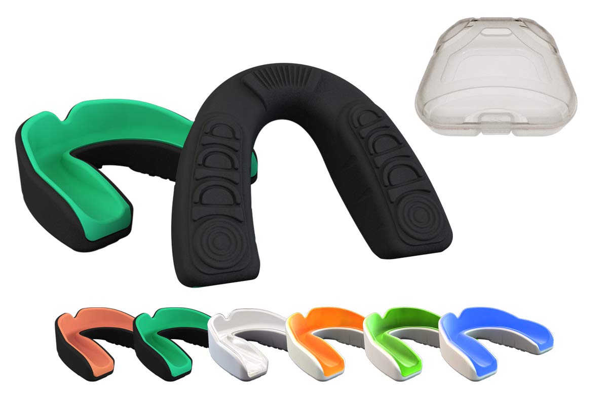 (Ages 11 & Above, Mint Green & Black) - Coollo Sports Boil and Bite Mouth Guard (Youth & Adult) DA Custom Fit Sport Mouthpiece for Football, Hockey, Rugby, Lacrosse, Boxing, MMA (Free Case Included )