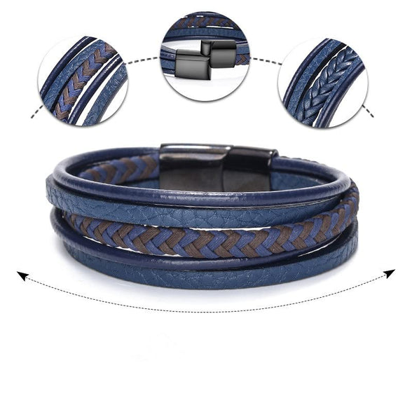 Goodern Mens Leather Bracelet Cowhide Braided Leather Mens Bracelet Leather Bangles Magnetic-Clasp Braided Multi-Layer Wrap Mens Bracelet Blue Braided Leather Wristband Bracelet Great Gift for Men