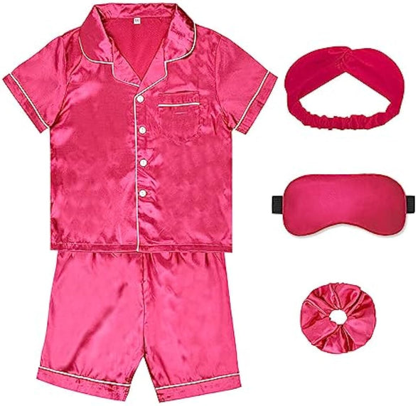 ALHAVONE Kids Girl Pajama Set with Headband Blindfold Hair Tie Toddler Boy Girl Satin Silky Button-up Pajama Sleepwear