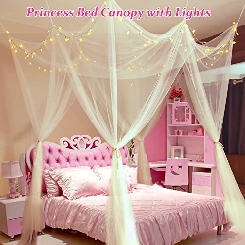 Obrecis White Bed Canopy with Lights for Girls Bedroom Decor, 8 Corner Princess Canopy Bed Curtains with Warm White LED Star String Lights Remote Control Canopy for Bed Twin Full Queen King Size Bed