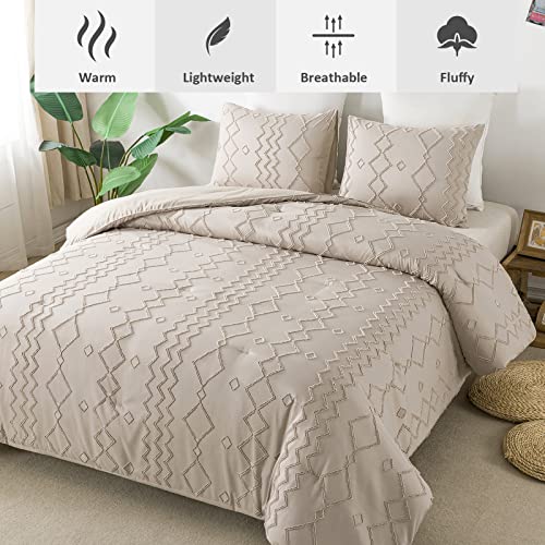 Andency Khaki Tufted Comforter Set King(104x90Inch), 3 Pieces(1 Tufts Comforter, 2 Pillowcases) Boho Textured Farmhouse Comforter, Microfiber Down Alternative Geometric Comforter Bedding Set