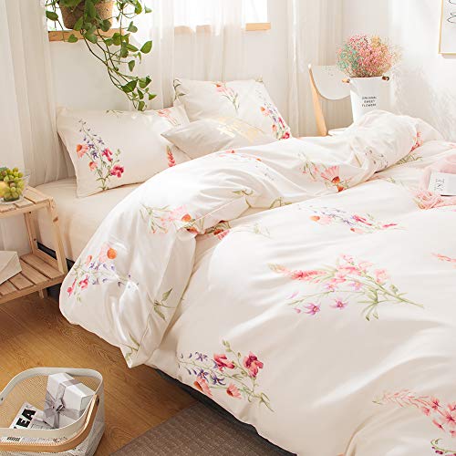 Merryword Botanical Floral Comforter Set Pink Flowers Comforter Set Pink Lavender Flowers Printed Soft Microfiber Pastoral Style Bedding Queen 1 Comforter 2 Pillowcases (Queen, Offwhite)