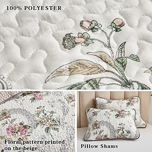 Flysheep 3 Pieces Quilt Set King Size, Beige Floral Reversible Bedspread Coverlet Set, Soft Microfiber Lightweight Bed Cover for All Season (102" x 90", 1 Quilt+ 2 Pillow Shams)