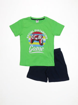 Boys Printed T-shirt & Shorts Set, Green, Social Distancing Game, Kids, Comfortable, Casual, Fun 8Y