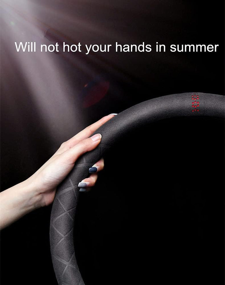Car Suede Leather Steering Wheel Cover,Not hot Hands in Summer,Universal Size 38cm 15inch,Breathable, Non-Slip,Durable(Dark Gray))