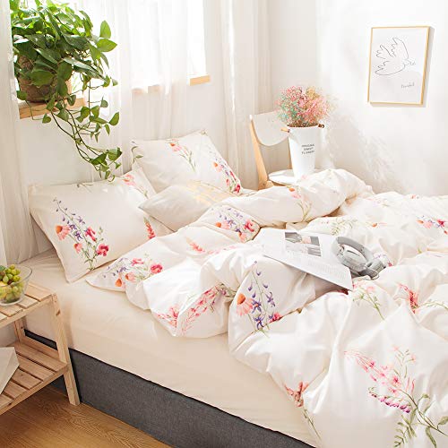 Merryword Botanical Floral Comforter Set Pink Flowers Comforter Set Pink Lavender Flowers Printed Soft Microfiber Pastoral Style Bedding Queen 1 Comforter 2 Pillowcases (Queen, Offwhite)