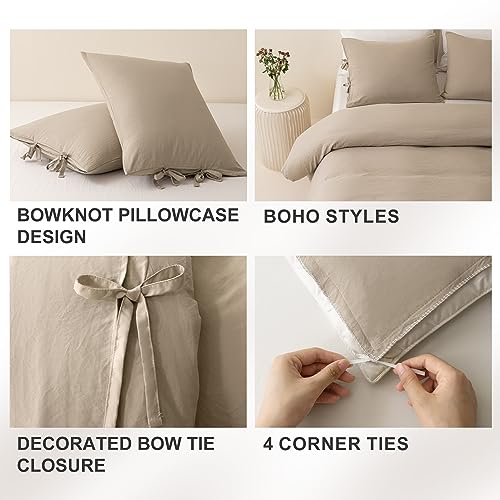 MUKKA Cream Duvet Cover Set Queen Size Beige Boho Chic, 3 Pieces Tan Khaki Farmhouse Bowknot Duvets, Sand Soft & Easy Care Washed Microfiber Bohemian Bedding Covers with Ties