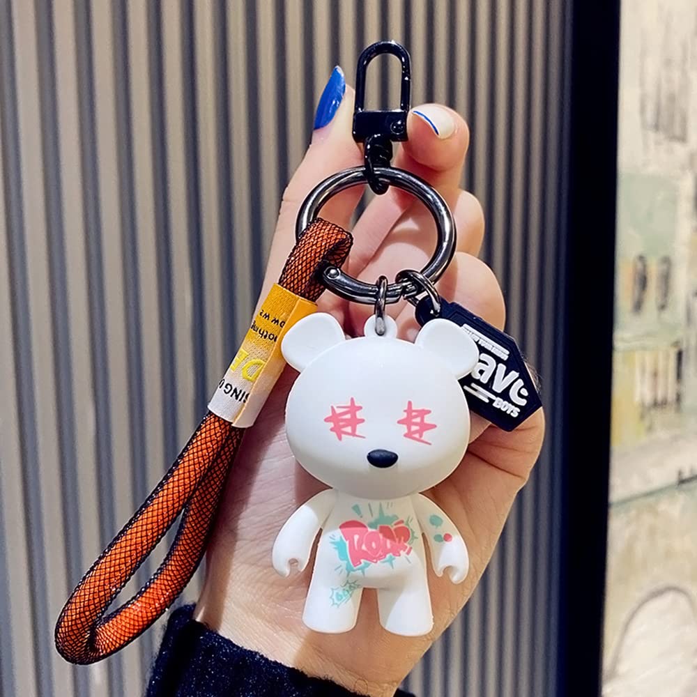 Keychain Key Ring Men Women Creative Novelty Cool Bear, KASTWAVE Girlfriend Boyfriend Valentine Lover Birthday Collection Gift Bag Pendant Chain with Wrist Strap -White