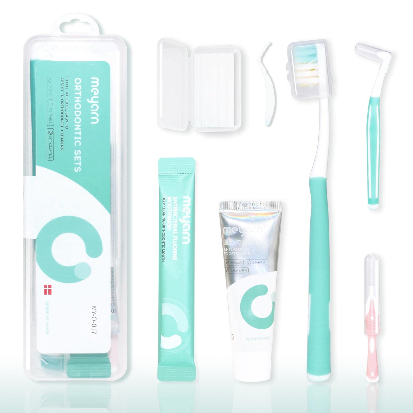 Orthodontic Dental Oral Care Kit 6-Pc Set with Box, [Toothbrush] [Toothpaste] [Interdental Brush] [Dental Wax] [Mouthwash] Suitable for Braces Starter Cleaning Kit Portable Dental Health