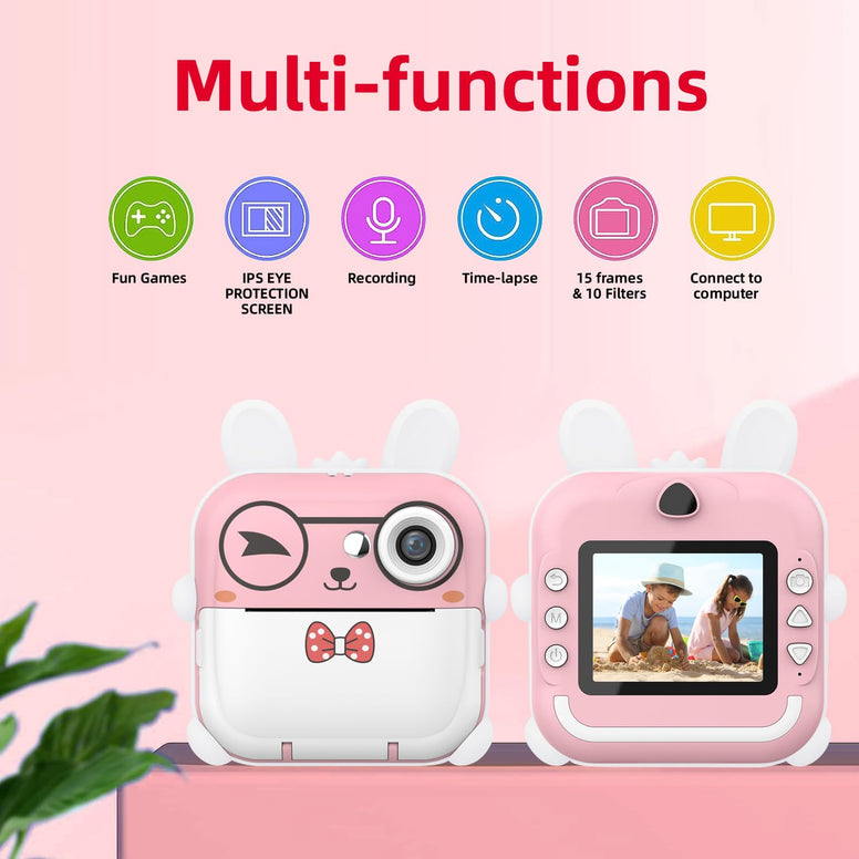 Kids Camera,Instant Camera Toddler Digital Camera with 1080P HD Video Camera,2.4"IPS Screen Printing Instant Camera for Girls Boys 3-12, 24MP Camera with Phone Connected 32GB Card