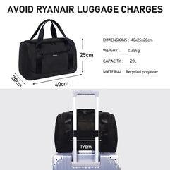 ECOHUB Ryanair Cabin Bags 40x20x25 Underseat Cabin Bag Travel Hand Luggage Bag Holdall Bag Carry on Bag Overnight for Women and Men Weekend Bag Hospital Bag Recycled PET Eco Friendly，Black, Black,