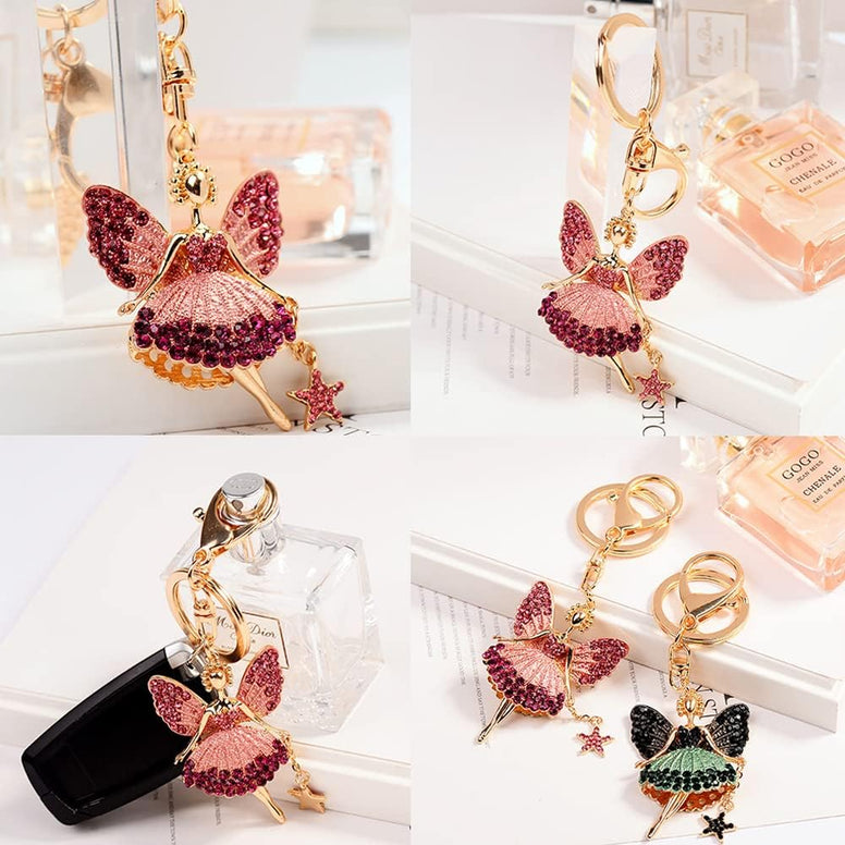 Goodern Butterfly Wing Fairy Keychain,Rhinestone Dancing Ballet Sparkling Crystal Keyring Pendant Sparkling Car Key Chain Charm Decor Ballet Dancer Pendant Gift for Women Girls Wallet Handbags-Pink