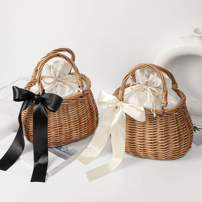NOLITOY Picnic Basket Rattan Flower Basket, Handwoven Wicker Flower Candy Storage Basket with Handle for Picnic Wedding Home Garden Decoration Rattan Storage Basket