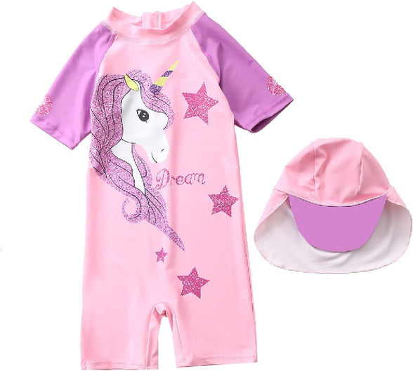 HausFine Little Kid Girls Unicorn Swimsuit Baby Girls One-Piece Swimwear with Sun Protection Hat