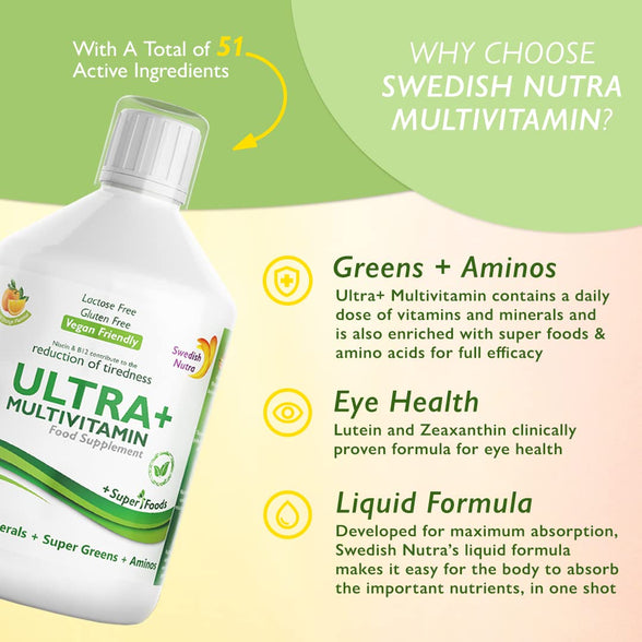 Swedish Nutra Vegan Multivitamin Liquid - Pack of 500ml, 33 Day Supply| Orange Flavour with 51 Active Ingredients| 100% Natural Flavour| High Absorption Rate| Vitamins, Minerals, Aminos & Super Greens