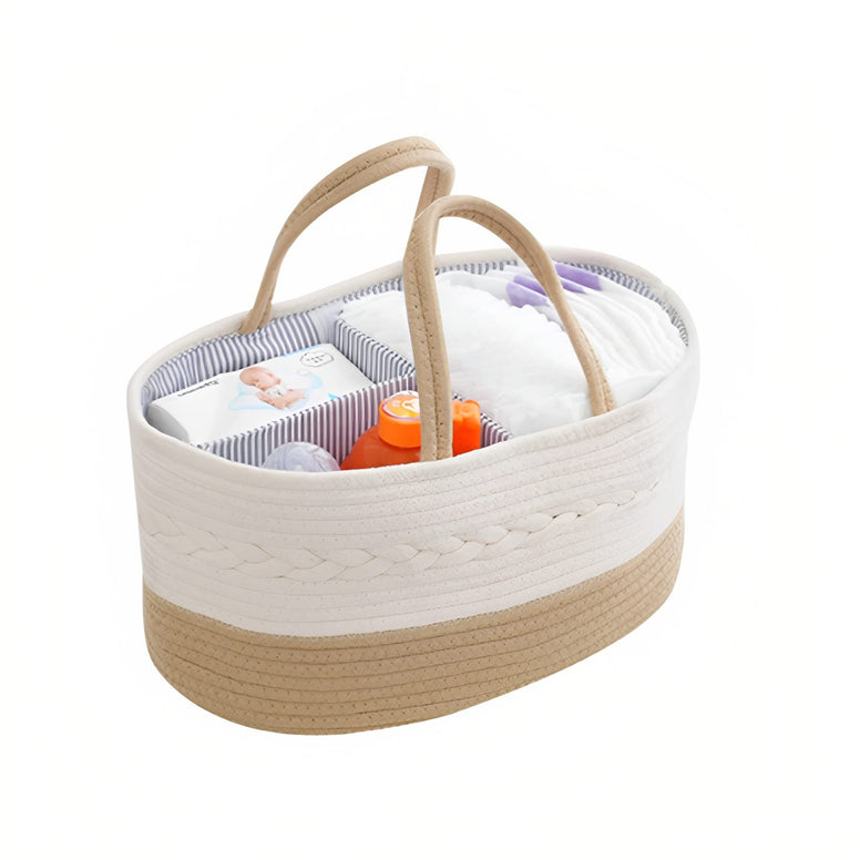 Beauenty Baby Diaper Caddy Organizer,Cotton Rope Diaper Storage Basket with Adjustable Divider,Portable Car Travel Diapers Organizer for Newborn Boys Girls,Large Capacity Baby Baskets for Storage