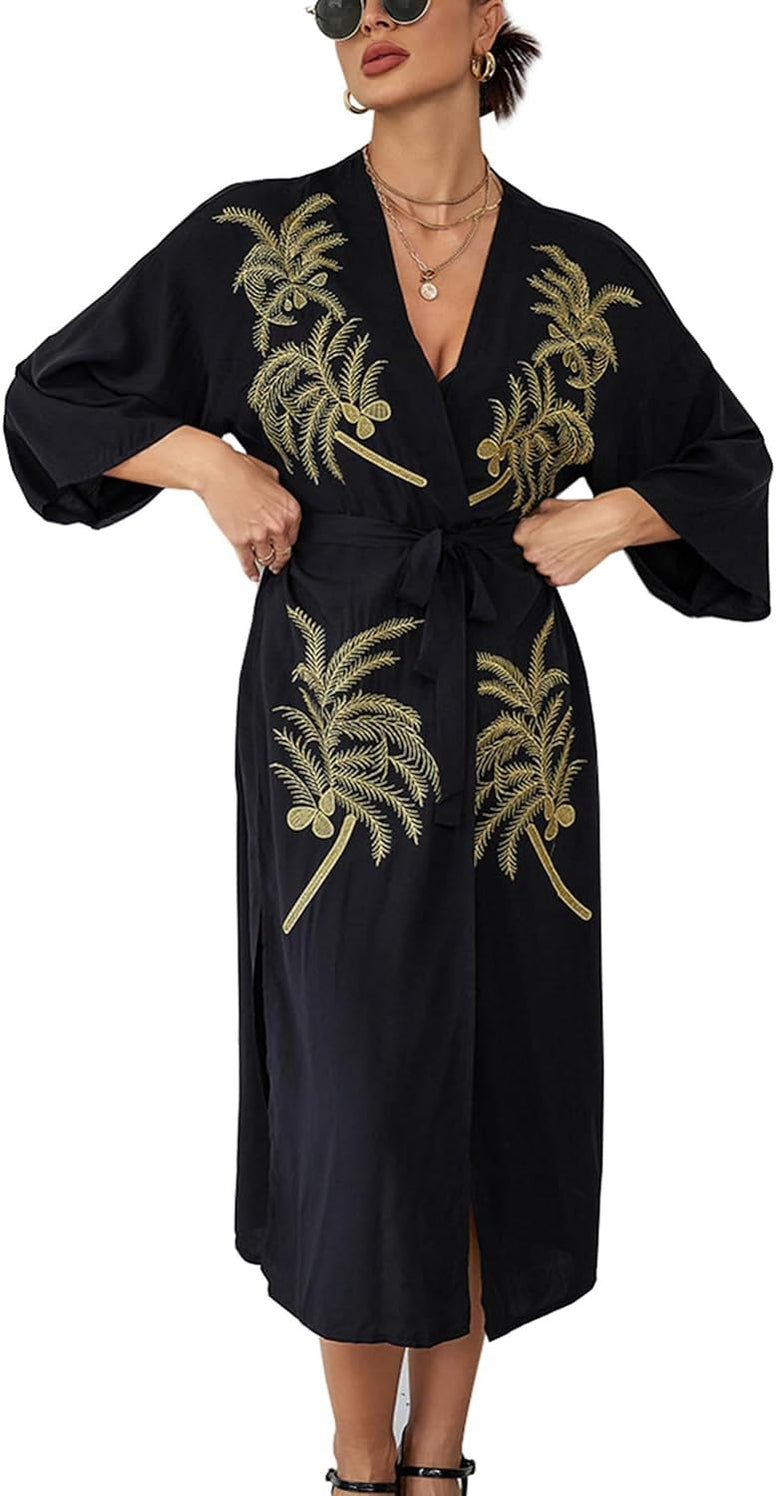 YouKD Embroidered Kaftan Dress Boho Beach Bikini Cover Up Robe Plus Size Loungewear for Women