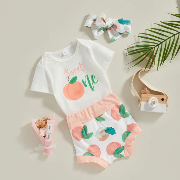 Ynibbim 0-24 Months Infant Baby Girls Summer Clothes Newborn Shorts Set Letters Print Tops & Peach Print Shorts 3Pcs Outfits (0-3 Months)