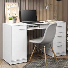 MADESA Home Office Computer Writing Desk with 3 Drawers, 1 Door and 1 Storage Shelf, Wood, 136 W x 77 H x 45 D Cm – White