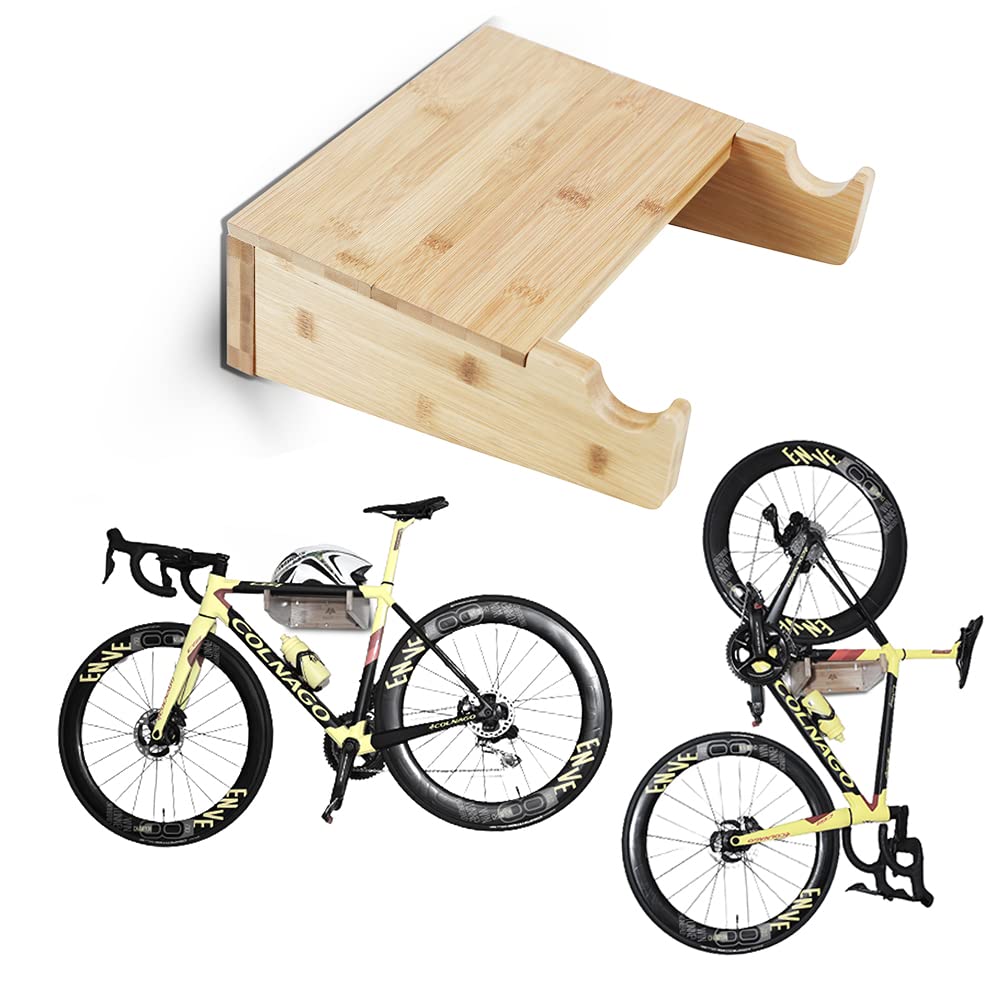 Wooden Road Bike Wall Mount with Shelf - Durable, Compact Wall Bike Rack for Garage, Home or Apartment - Elegant, Nature Friendly Bamboo Bicycle Wall Hanger - Space Saving Indoor Bike Storage Holder