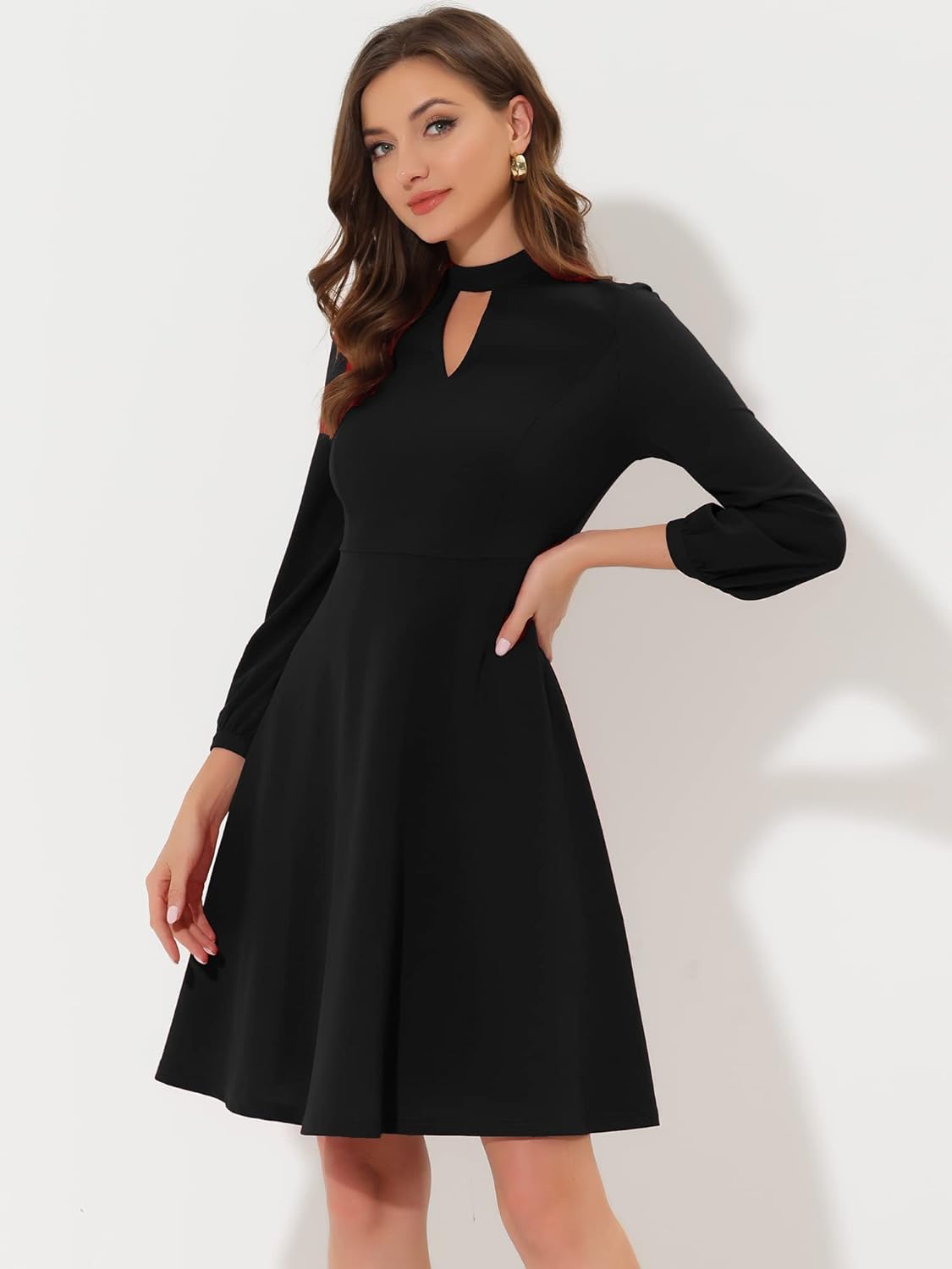 Allegra K Women's Mock Neck Keyhole 3/4 Sleeve A-line Knit Office Cocktail Dress