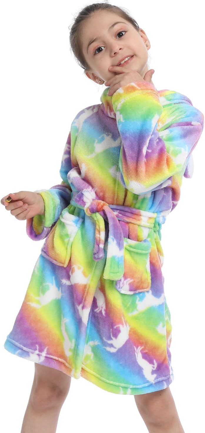 Z-YQL Kid Girls Bathrobe Dressing Gown Novelty Hooded Nightgown Fleece Comfy Flannel Soft Robe Colorful