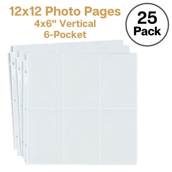 Dunwell Photo Album Refill Pages 12x12 - (4x6 Portrait, 25 Pack) Holds 300 4x6" Photos, 4x6 Photo Sleeves for 3 Ring Binder Scrapbook Album 12x12, Archival Quality Page Protectors 12x12