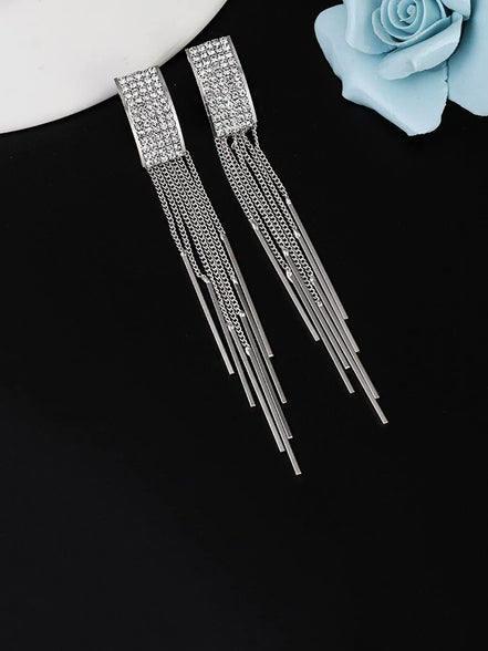 Yellow Chimes Latest Fashion White Crystal Fancy Long Chain Silver Plated Dangler Earrings for Women & Girls