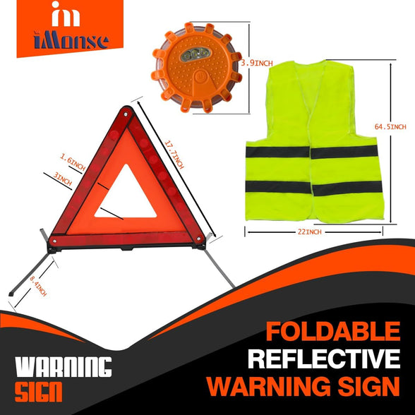 iMonse Warning Safety Triangle Kit, Emergency Roadside Warning Reflective Triangle 2 Packs with 1 LED Road Flare Light, Foldable with Storage Case for Roadside Breakdowns Emergencies