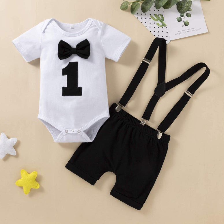 Baby Boys First Birthday Outfit, Baby Boy Cake Smash Outfit, Formal Suit Gentleman Romper Bow-tie Pants Outfits Set Costume, Suspender and Shorts Pants Outfit for Baby Boys 1st Birthday - Size 100