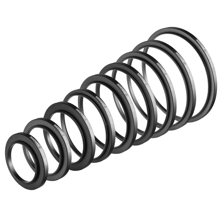 Neewer 9 Pieces Lens Filter Rings Set, Made of Anodized Aluminum, Includes: 37-49 mm, 49-52 mm, 52-55 mm, 55-58 mm, 58 mm. -2.44 1 inch, 62-67 mm, 67-72 mm, 72-77 mm, 77-82 mm