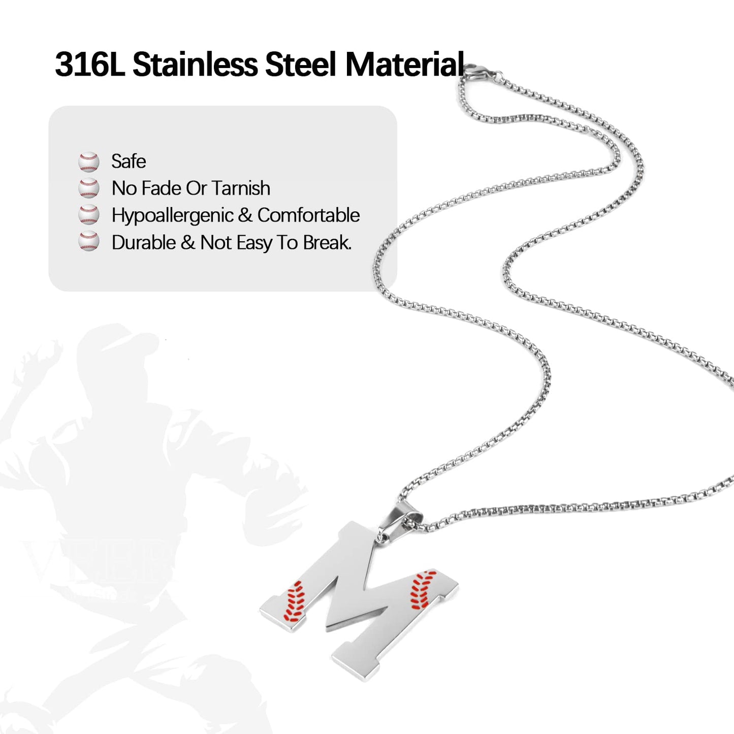 Baseball Initial Necklace for Boys Men A-Z Letter Necklaces Chain Stainless Steel Pendant with Accessories Sport Charm Baseball Gifts for Team Player Athlete Lover Fans