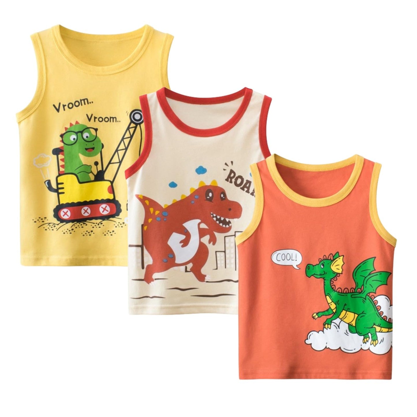 BLOMDES Boys Tank Vests 3 Pack Dinosaur Sleeveless Shirt Tank Tops for Boys 2-8 Years