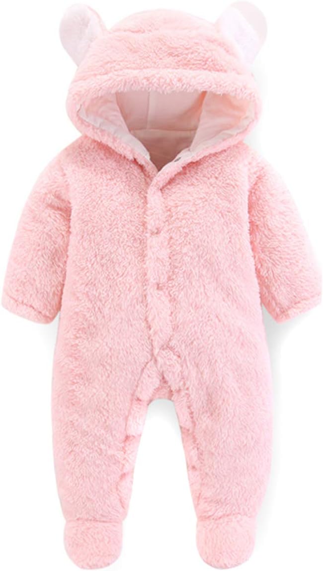 Camidy Newborn Baby Girl Boy Cute Bear Ear Warm Fleece Hooded Jumpsuit Romper Snowsuit (0-3 Months)