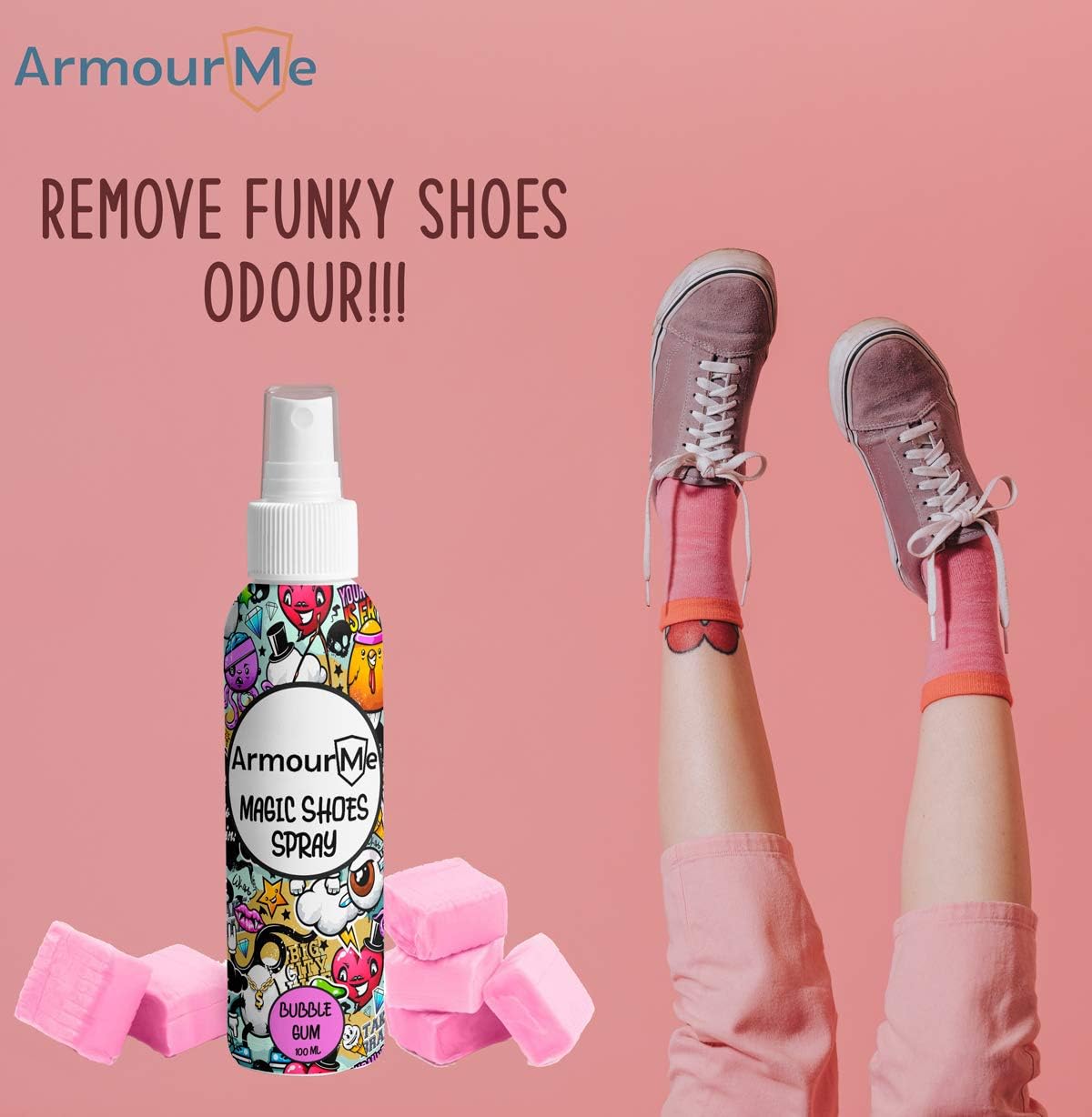 ArmourMe Shoe Spray | Bubble Gum | Shoe Deodorizer | Shoe Spray Smell Eliminator for Shoes and Sandal | Men & Women Extra Strength Shoe Odor Eliminator | Socks Deodorize.