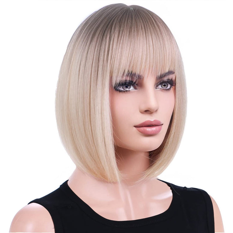 WTHCOS Ombre Blonde Bob Wigs for Women Short Straight Blonde Wig with Bangs Blonde Wig with Dark Roots Mixed Blonde Wigs Synthetic Wigs with Wig Cap (Ombre Blonde)