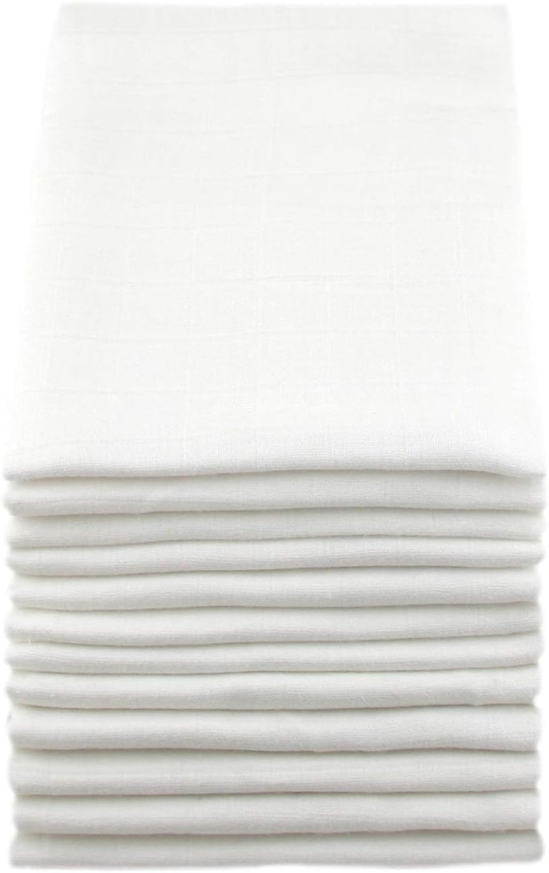 MuslinZ 12 Pack 100% Pure Cotton White Baby Muslin Squares, burp cloths, newborn nappy 70x70cms