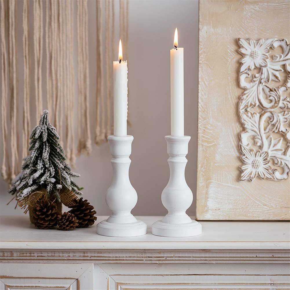 Sziqiqi Wooden Candle Holders for Taper Candle Set of 2 Wood Candlestick Holder for Home Dinner Table Countertop Fireplace Mantel Foyer Entryway Decoration Wedding Candle Centerpiece 6.7'' Tall White