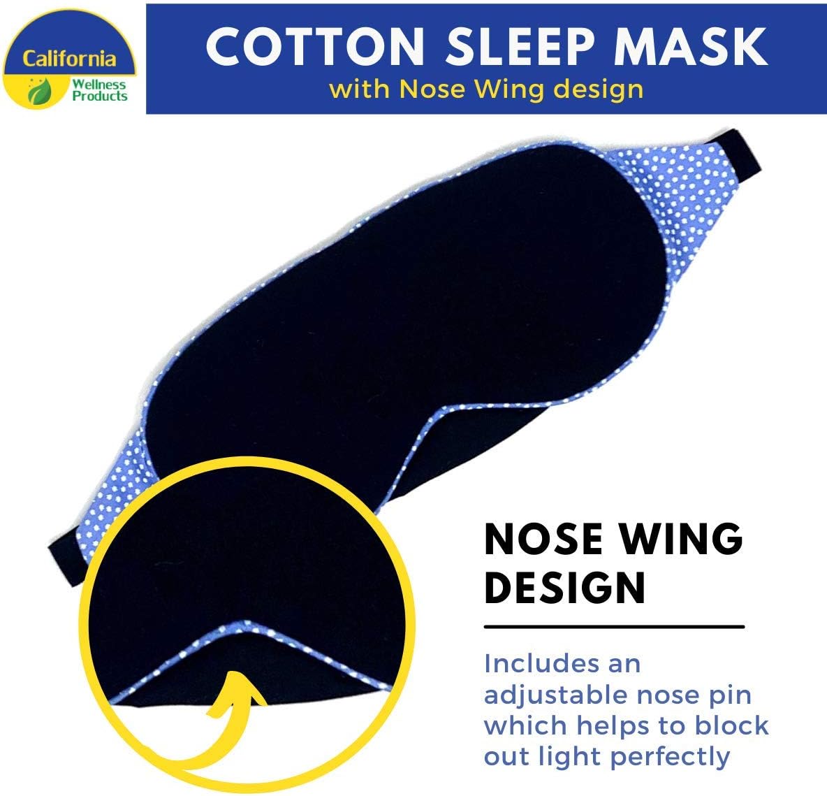 100% Cotton Sleep Eye Mask, Light Blocking Sleep Mask, Comfortable & Soft, Night Eye Blinder Mask for Travelling | 100% Blackout Mask w Nose Wire & Adjustable Elastic Band | Perfect Fit - Blue