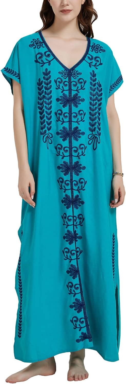 YouKD Embroidered Kaftan Dress Boho Beach Bikini Cover Up Robe Plus Size Loungewear for Women