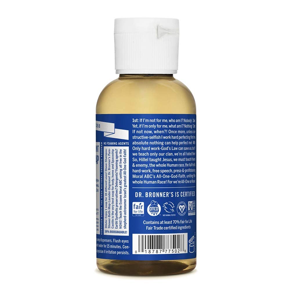 Dr. Bronner’s - Pure-Castile Liquid Soap (Peppermint, Travel Size, 2 ounce) - Made with Organic Oils, 18-in-1 Uses: Face, Body, Hair, Laundry, Pets and Dishes, Concentrated, Vegan, Non-GMO