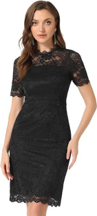 Allegra K Women's Elegant Floral Lace Dress Crew Neck Short Sleeve Cocktail Party Dresses