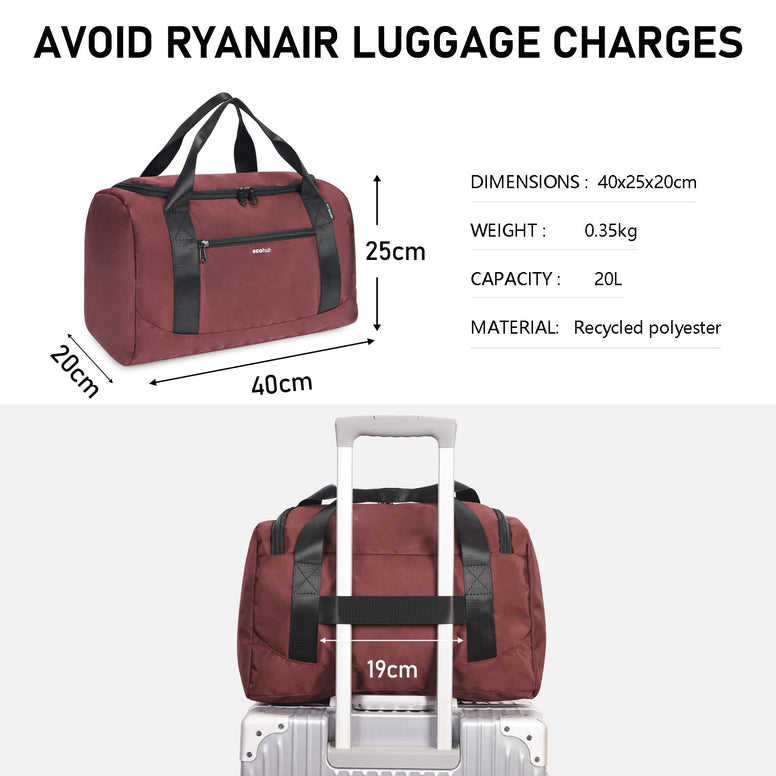ECOHUB Ryanair Cabin Bags 40x20x25 Underseat Cabin Bag Travel Hand Luggage Bag Holdall Bag Carry on Bag Overnight for Women and Men Weekend Bag Hospital Bag Recycled PET Eco Friendly (Red), Red,