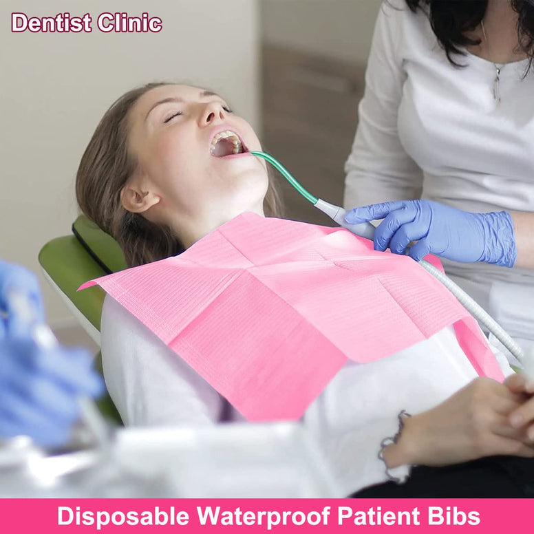 Disposable Dental Bibs Waterproof Patient Bibs 13x18" Pink Dental Bibs 125pcs 3 Ply Waterproof Bibs Medical Bibs, Dental Napkins, Medical Tray Cover suit for Dentisit Patient Baby